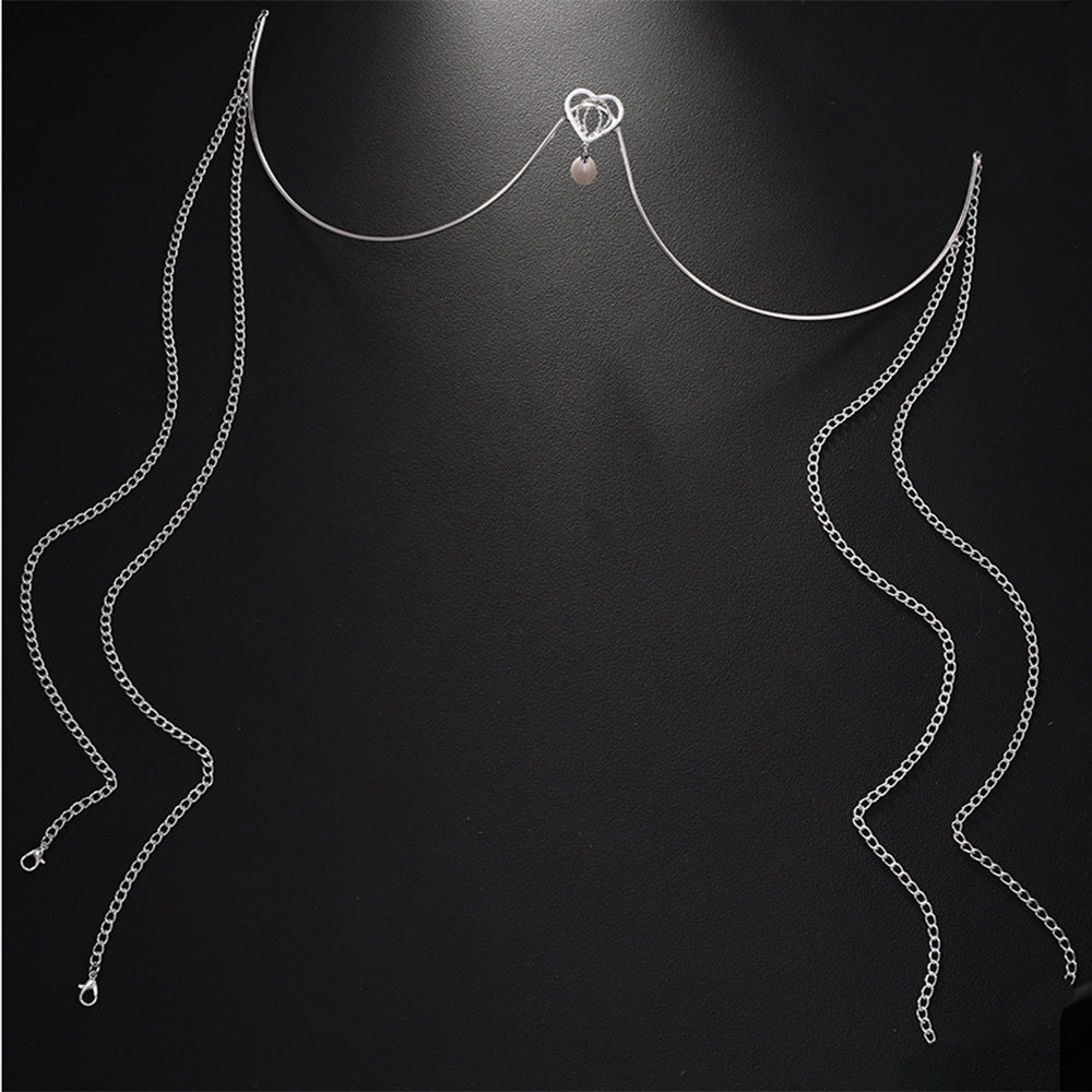 Silver Alloy Body Chain For Women Featuring Heart Shape Pattern With White Crystal Inlay And Electroplated Finish
