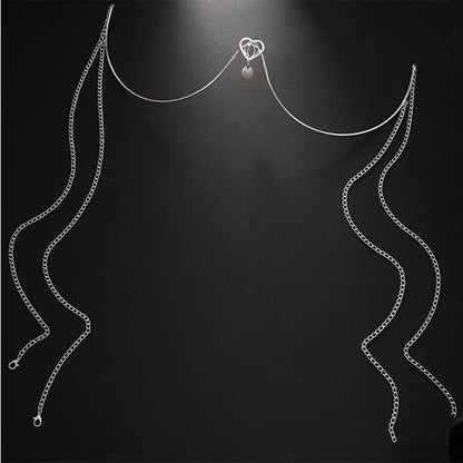 Silver Alloy Body Chain For Women Featuring Heart Shape Pattern With White Crystal Inlay And Electroplated Finish