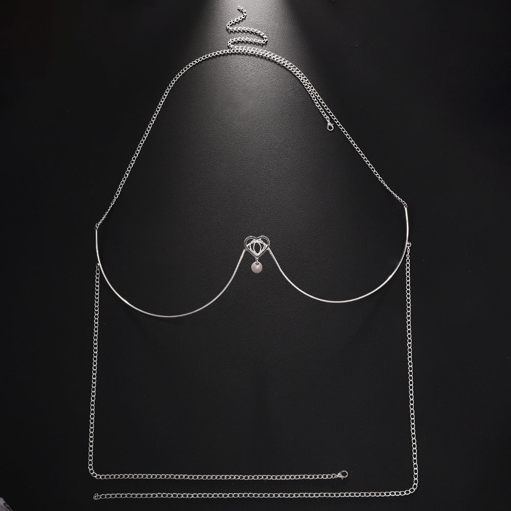 Silver Alloy Body Chain For Women Featuring Heart Shape Pattern With White Crystal Inlay And Electroplated Finish