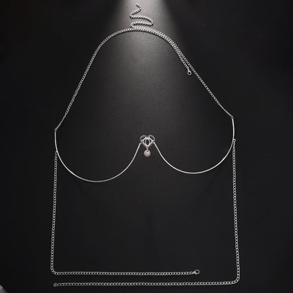 Silver Alloy Body Chain For Women Featuring Heart Shape Pattern With White Crystal Inlay And Electroplated Finish