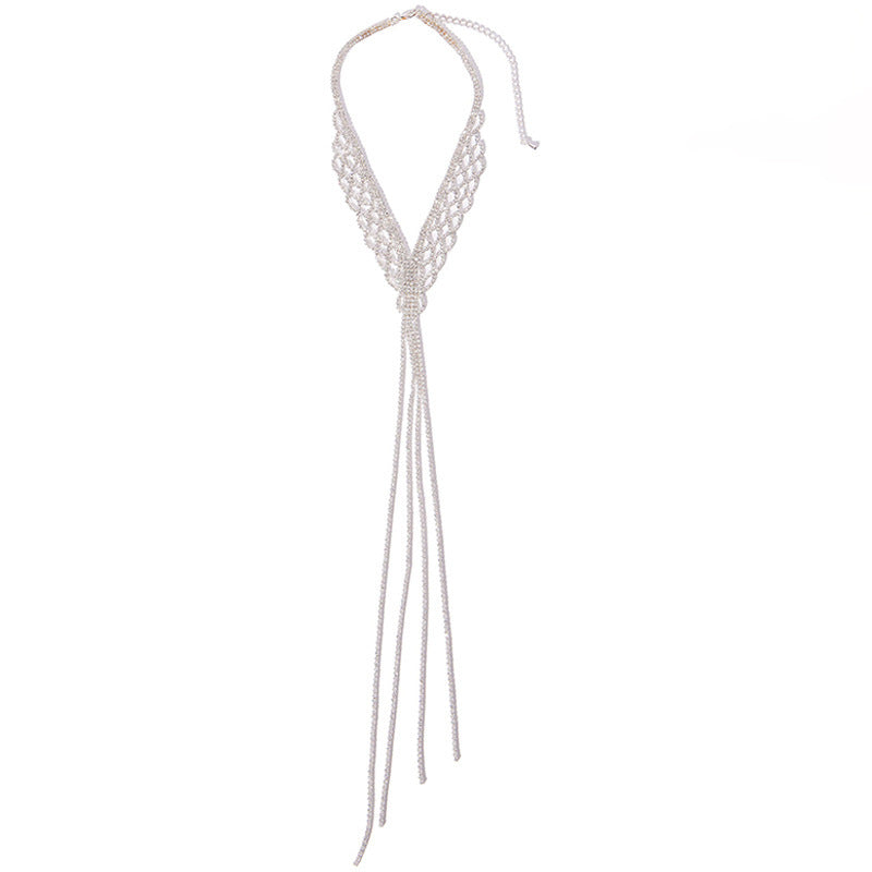 Silver Tassel Necklace For Women Featuring Alloy Craft And Rhinestone Pendant Material