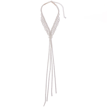 Silver Tassel Necklace For Women Featuring Alloy Craft And Rhinestone Pendant Material