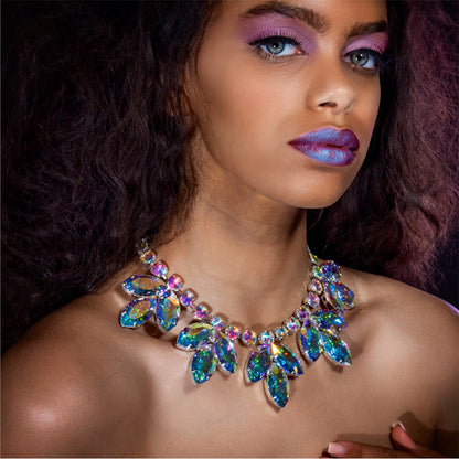 Exaggerated Silver Leaves Necklace For Women With Alloy Pendant Featuring Rhinestones