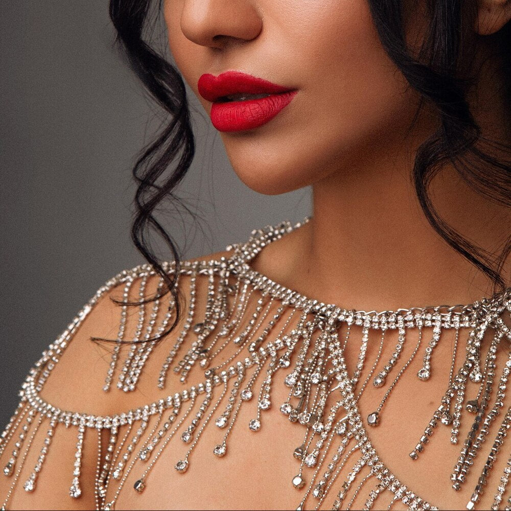 Exaggerated Tassel Body Chain For Women In Electroplated Alloy With Artificial Gemstones