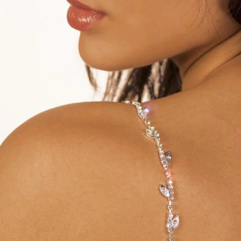 Bohemian Silver Alloy Body Chain For Women Featuring Leaf Pattern And Rhinestone Inlay