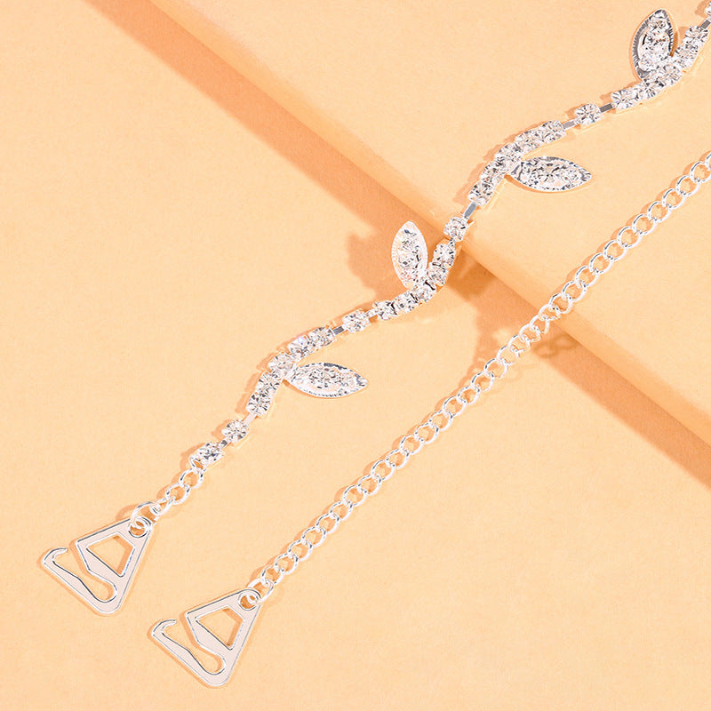 Bohemian Silver Alloy Body Chain For Women Featuring Leaf Pattern And Rhinestone Inlay
