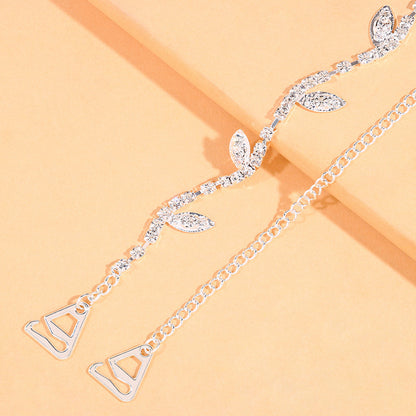 Bohemian Silver Alloy Body Chain For Women Featuring Leaf Pattern And Rhinestone Inlay