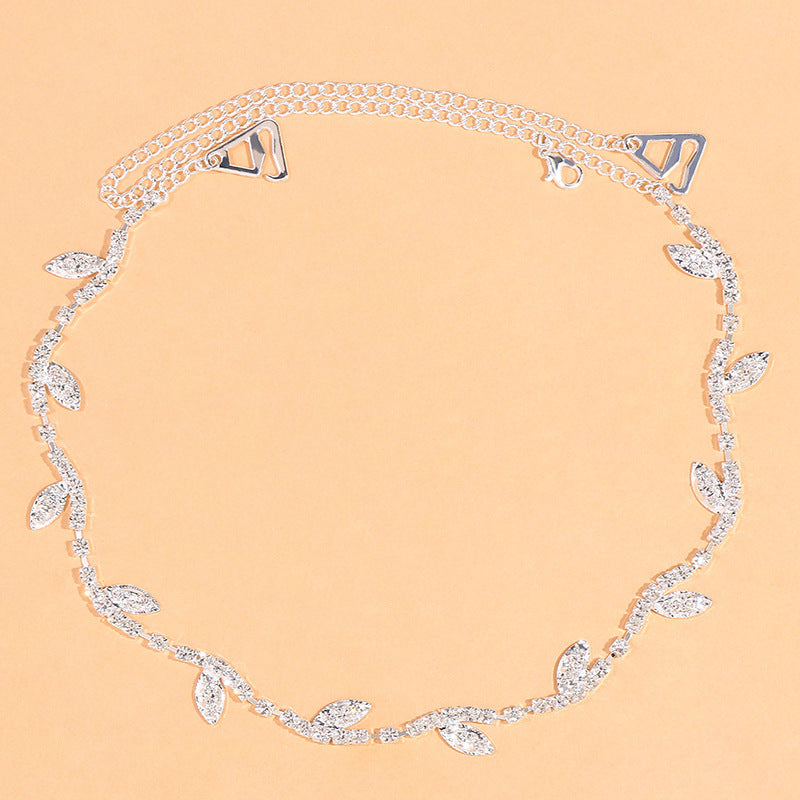 Bohemian Silver Alloy Body Chain For Women Featuring Leaf Pattern And Rhinestone Inlay