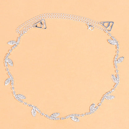 Bohemian Silver Alloy Body Chain For Women Featuring Leaf Pattern And Rhinestone Inlay