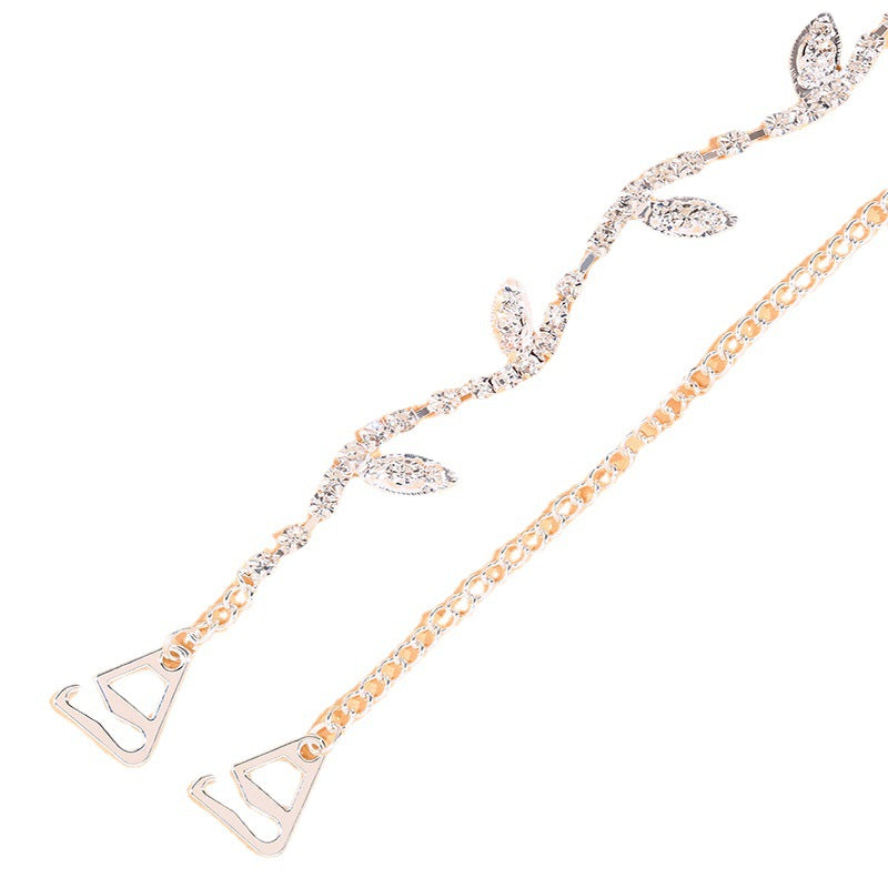 Bohemian Silver Alloy Body Chain For Women Featuring Leaf Pattern And Rhinestone Inlay