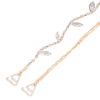 Bohemian Silver Alloy Body Chain For Women Featuring Leaf Pattern And Rhinestone Inlay