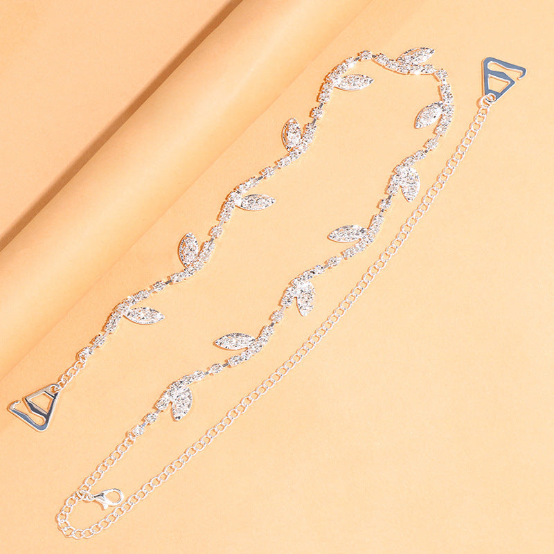 Bohemian Silver Alloy Body Chain For Women Featuring Leaf Pattern And Rhinestone Inlay