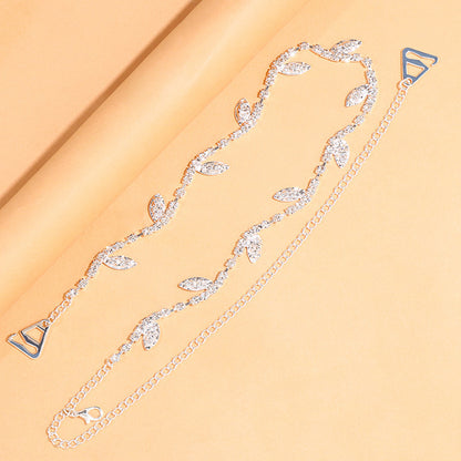 Bohemian Silver Alloy Body Chain For Women Featuring Leaf Pattern And Rhinestone Inlay