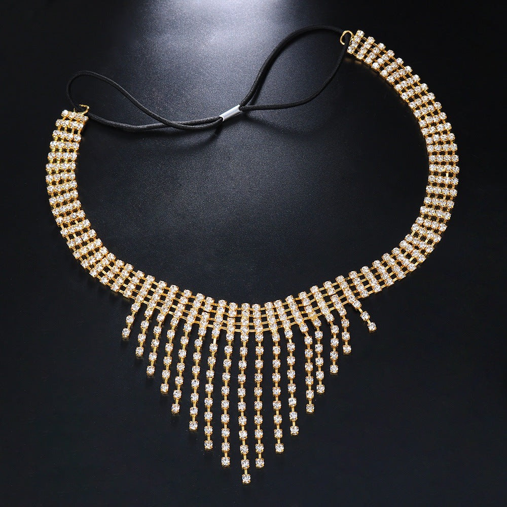 Exaggerated Tassel Hair Chain Insert Comb For Women With Rhinestones In Silver