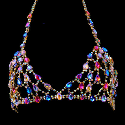 Exaggerated Gold Alloy Body Chain For Women With White Crystal Inlay Featuring Grid Pattern, 1 Set