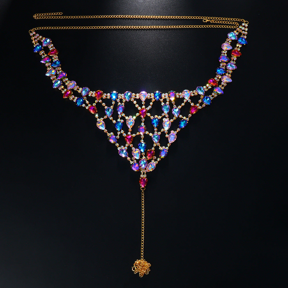 Exaggerated Gold Alloy Body Chain For Women With White Crystal Inlay Featuring Grid Pattern, 1 Set