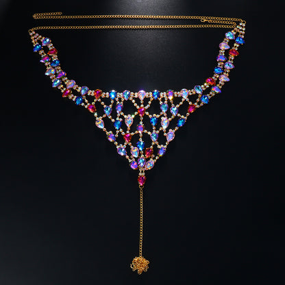 Exaggerated Gold Alloy Body Chain For Women With White Crystal Inlay Featuring Grid Pattern, 1 Set
