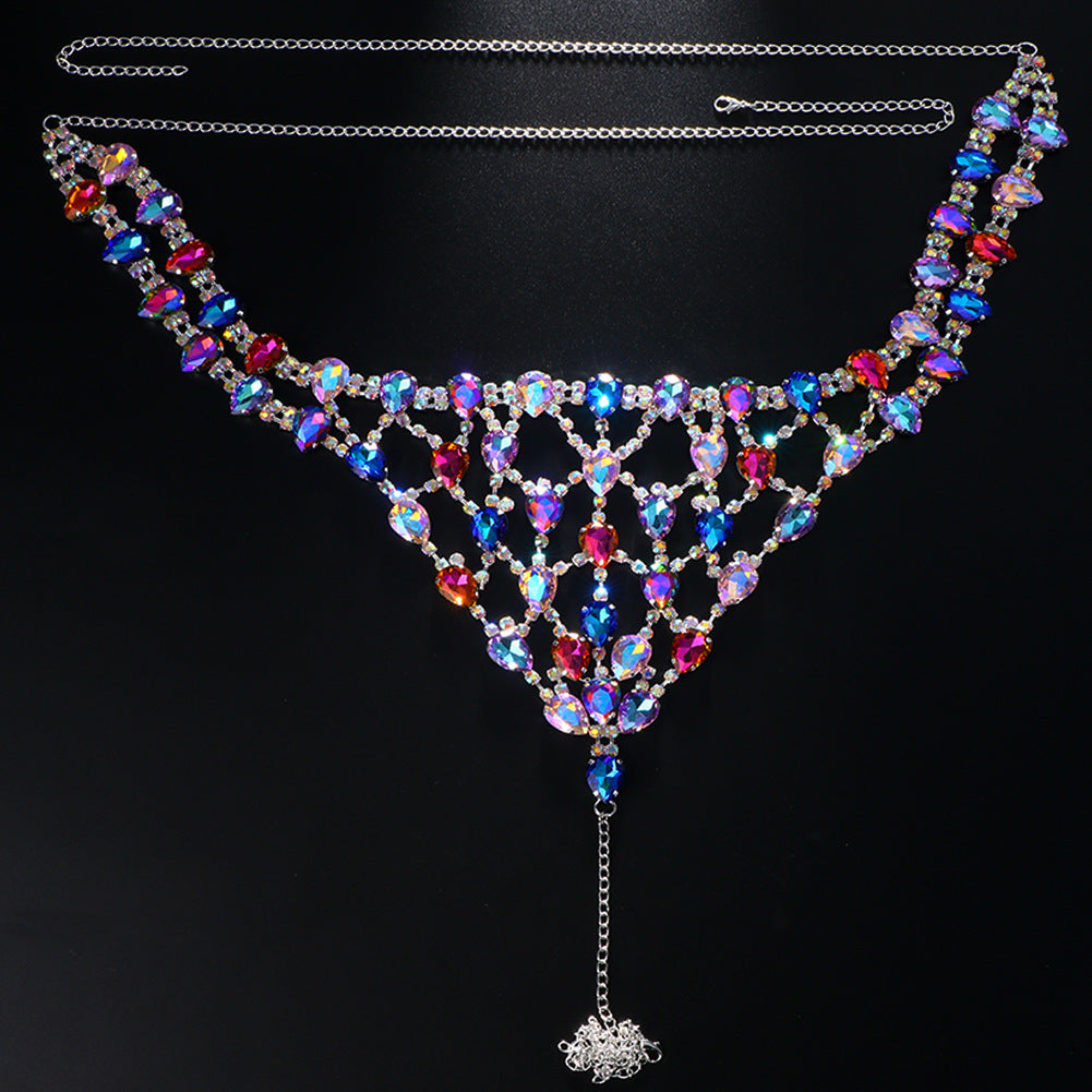 Exaggerated Gold Alloy Body Chain For Women With White Crystal Inlay Featuring Grid Pattern, 1 Set