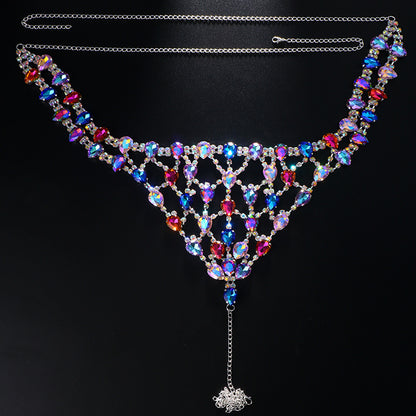 Exaggerated Gold Alloy Body Chain For Women With White Crystal Inlay Featuring Grid Pattern, 1 Set