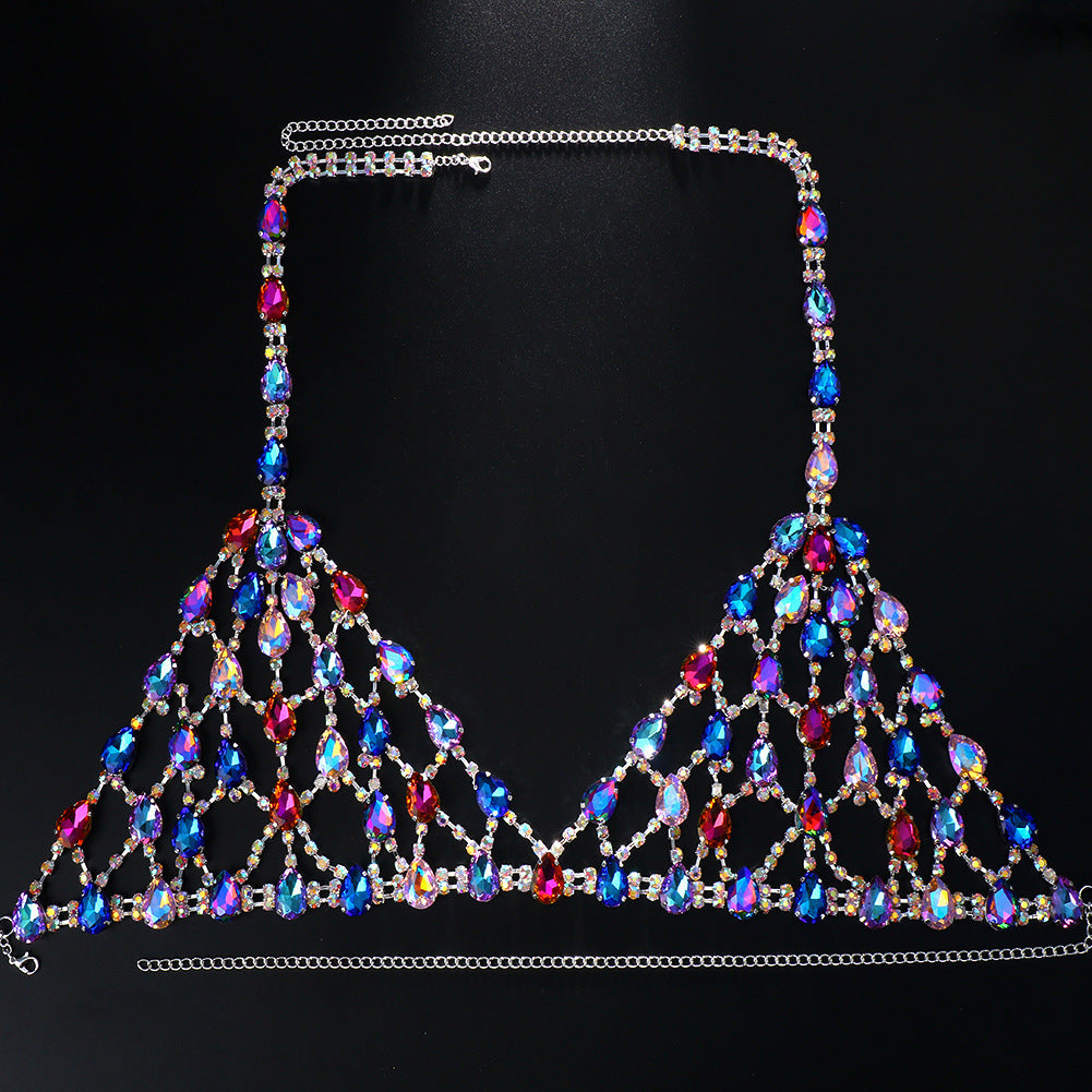 Exaggerated Gold Alloy Body Chain For Women With White Crystal Inlay Featuring Grid Pattern, 1 Set