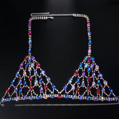 Exaggerated Gold Alloy Body Chain For Women With White Crystal Inlay Featuring Grid Pattern, 1 Set