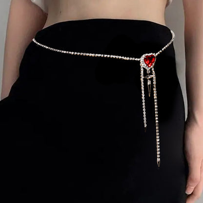 Women's Gold Alloy Waist Chain Tassel Featuring Heart Shape Design With White Crystal Inlay