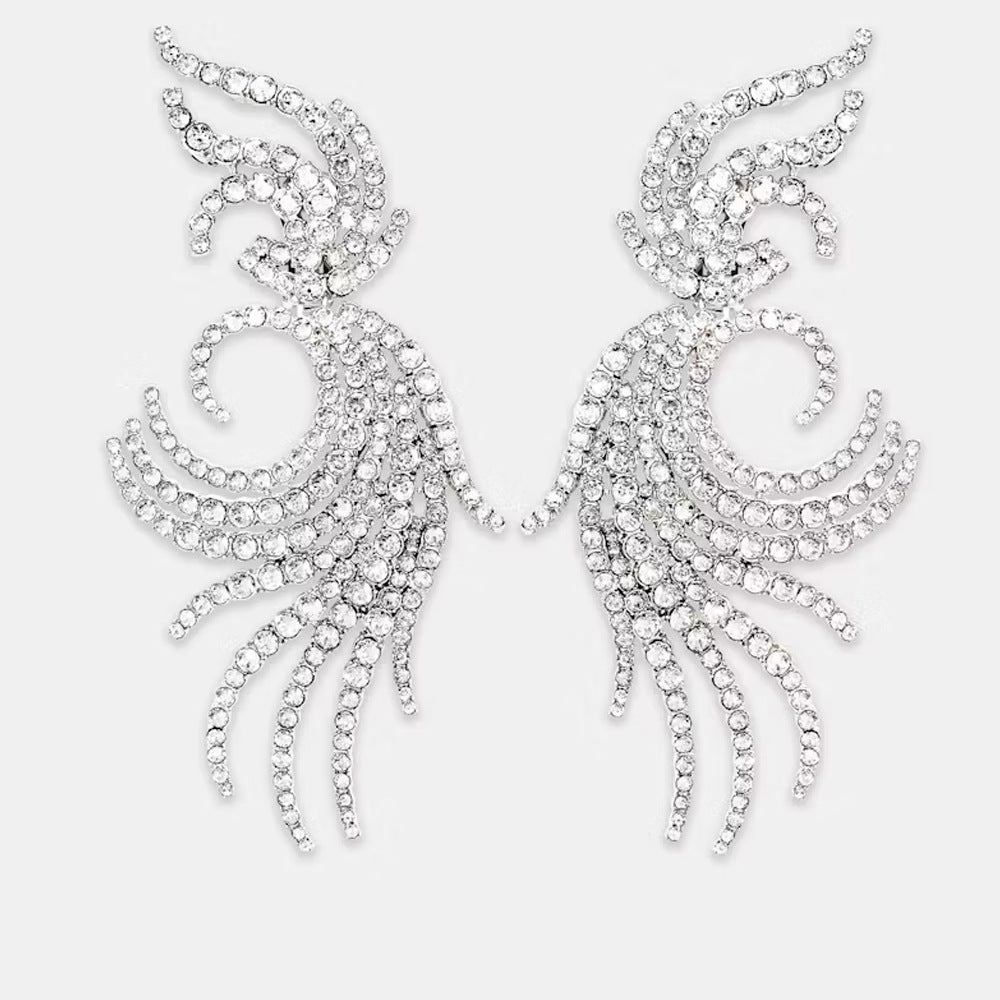 Exaggerated Silver Wings Clip Earrings For Women With Rhinestones In Alloy