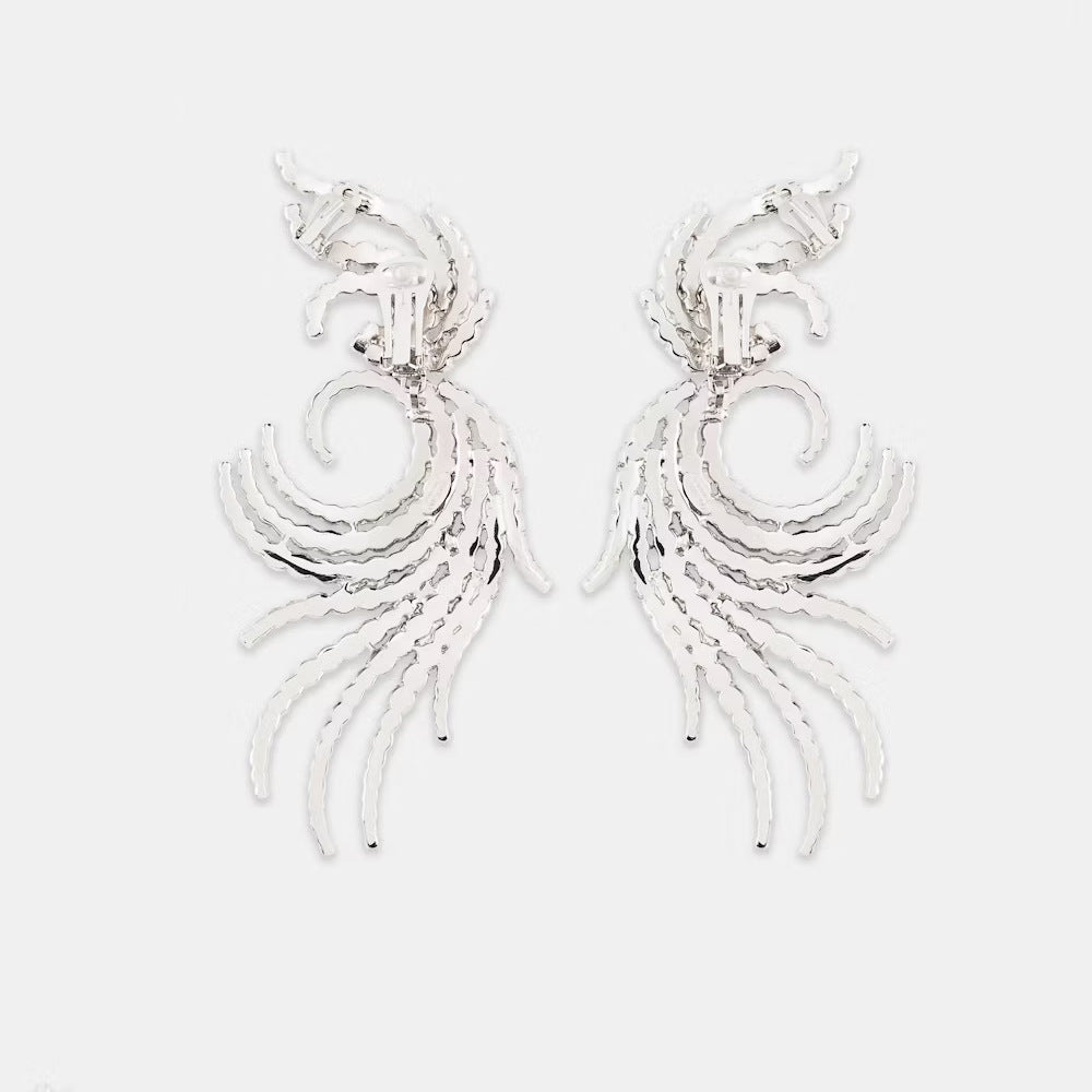 Exaggerated Silver Wings Clip Earrings For Women With Rhinestones In Alloy