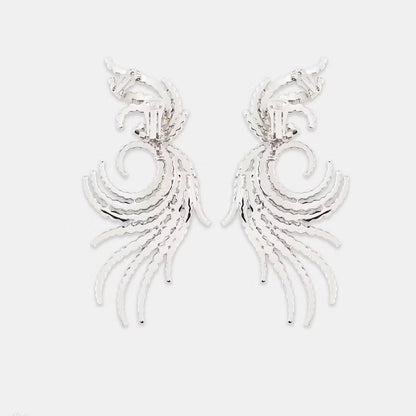 Exaggerated Silver Wings Clip Earrings For Women With Rhinestones In Alloy