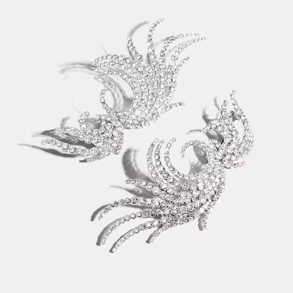 Exaggerated Silver Wings Clip Earrings For Women With Rhinestones In Alloy