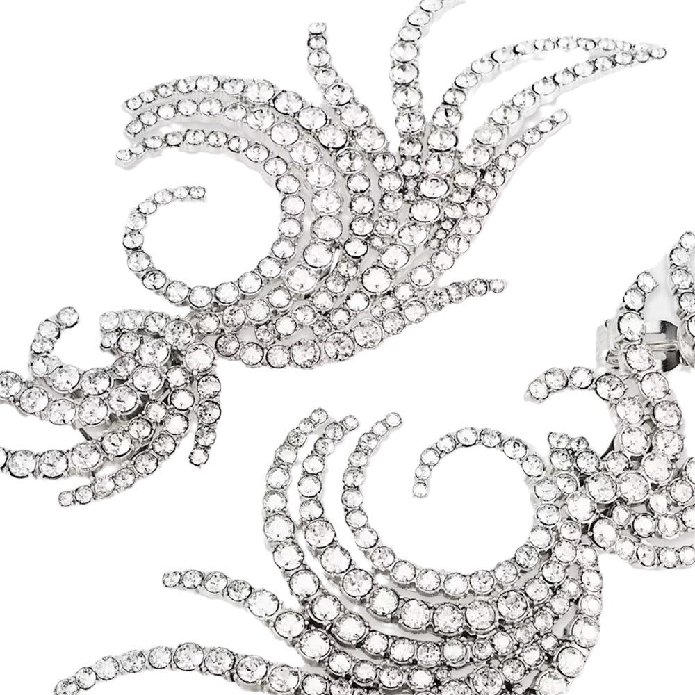 Exaggerated Silver Wings Clip Earrings For Women With Rhinestones In Alloy