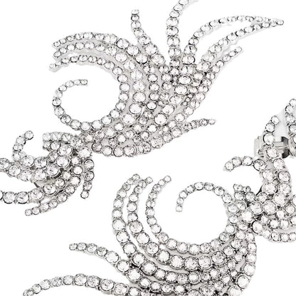 Exaggerated Silver Wings Clip Earrings For Women With Rhinestones In Alloy