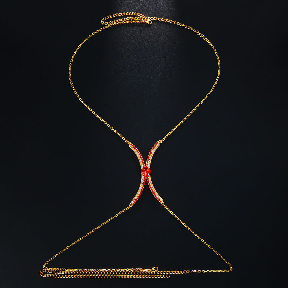 Blue Alloy Body Chain For Women With White Crystal Inlay Featuring Round Pattern