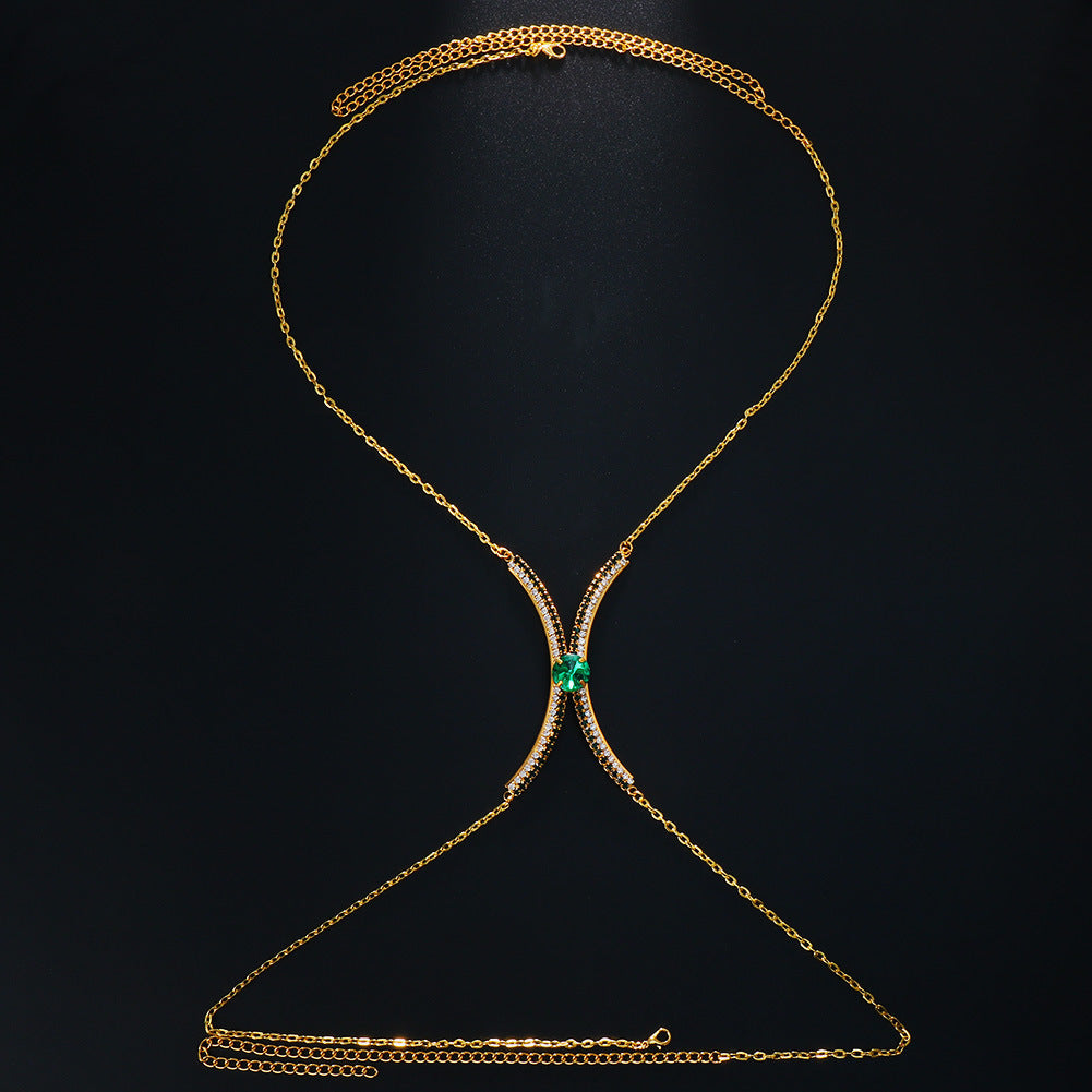 Blue Alloy Body Chain For Women With White Crystal Inlay Featuring Round Pattern
