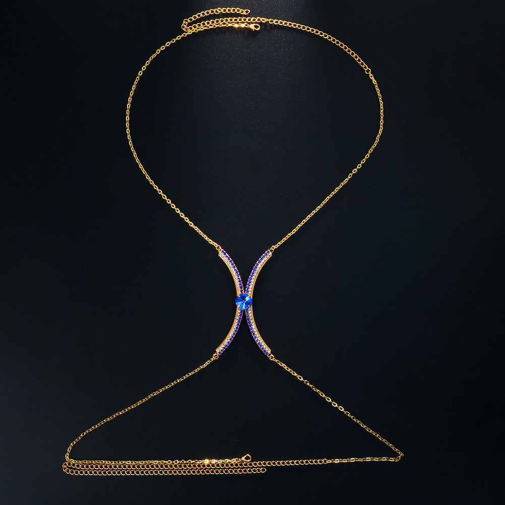 Blue Alloy Body Chain For Women With White Crystal Inlay Featuring Round Pattern