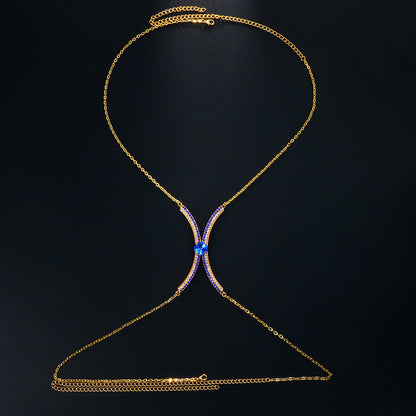 Blue Alloy Body Chain For Women With White Crystal Inlay Featuring Round Pattern