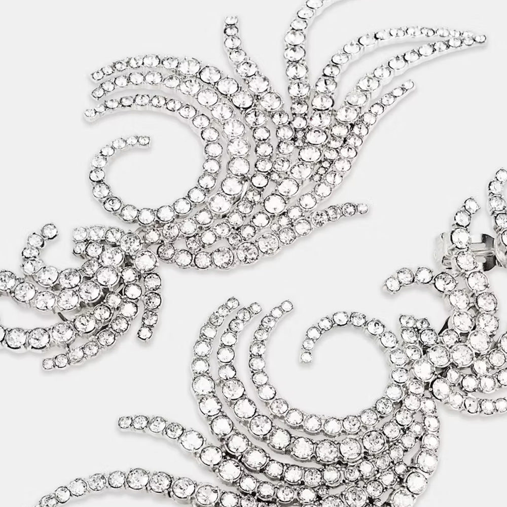 Exaggerated Silver Wings Clip Earrings For Women With Rhinestones In Alloy