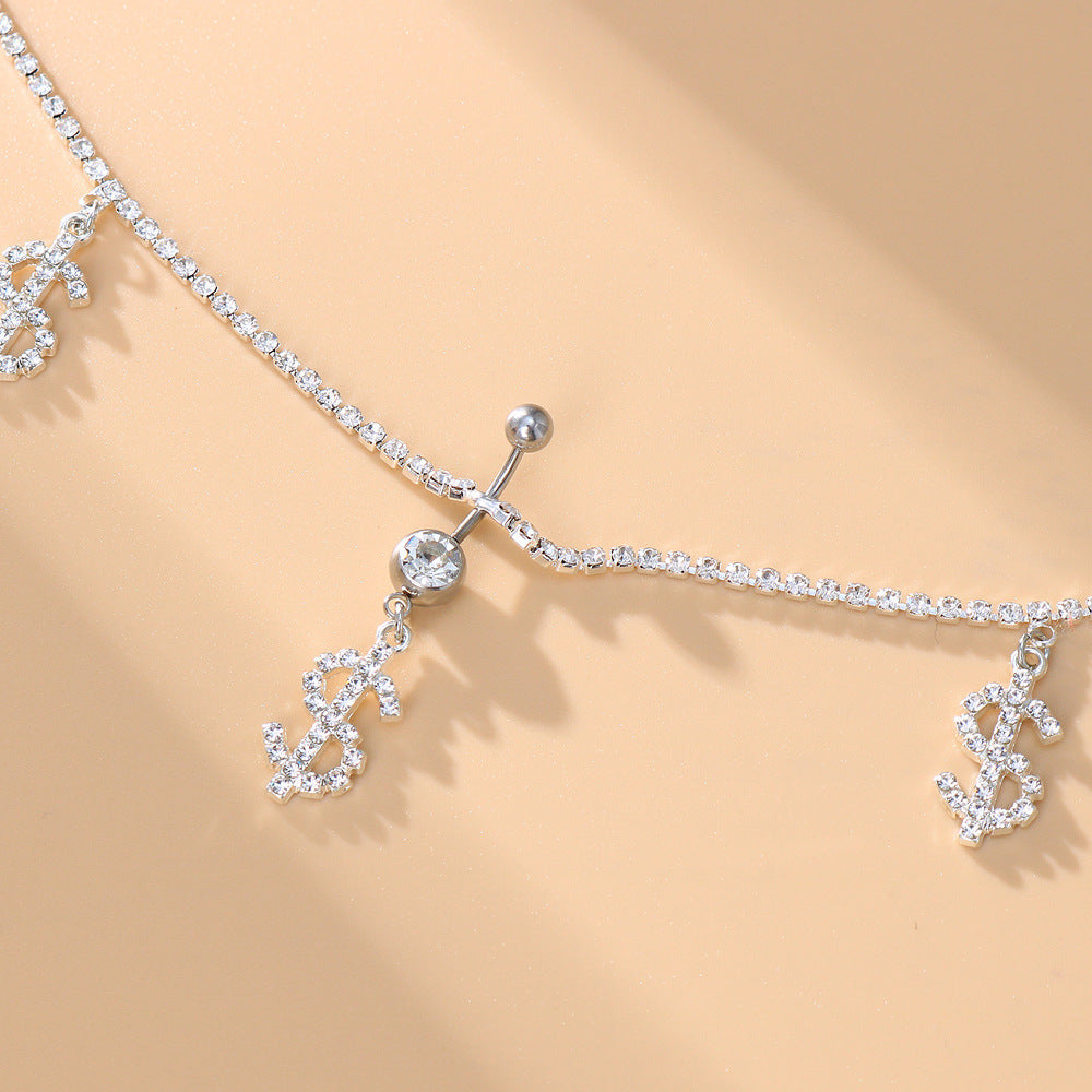 Gold Alloy Waist Chain For Women With Dollar Pattern And Electroplated Finish, Featuring Rhinestones Inlay