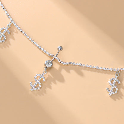 Gold Alloy Waist Chain For Women With Dollar Pattern And Electroplated Finish, Featuring Rhinestones Inlay