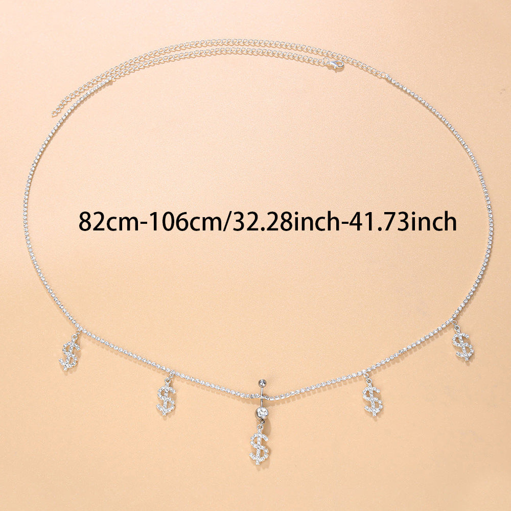 Gold Alloy Waist Chain For Women With Dollar Pattern And Electroplated Finish, Featuring Rhinestones Inlay
