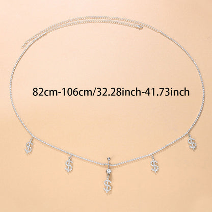 Gold Alloy Waist Chain For Women With Dollar Pattern And Electroplated Finish, Featuring Rhinestones Inlay