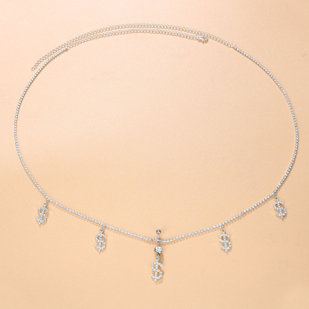 Gold Alloy Waist Chain For Women With Dollar Pattern And Electroplated Finish, Featuring Rhinestones Inlay
