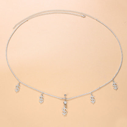 Gold Alloy Waist Chain For Women With Dollar Pattern And Electroplated Finish, Featuring Rhinestones Inlay