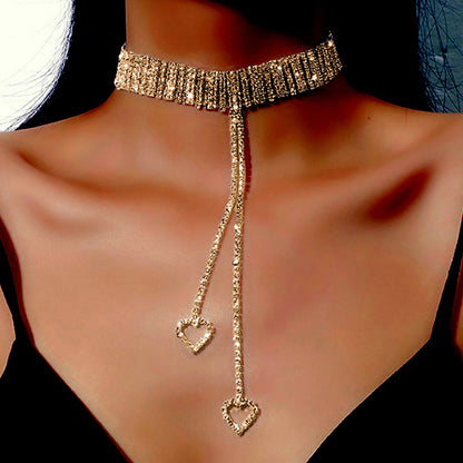 Heart Shape Tassel Choker Necklace In Gold Alloy Featuring Rhinestone Pendant