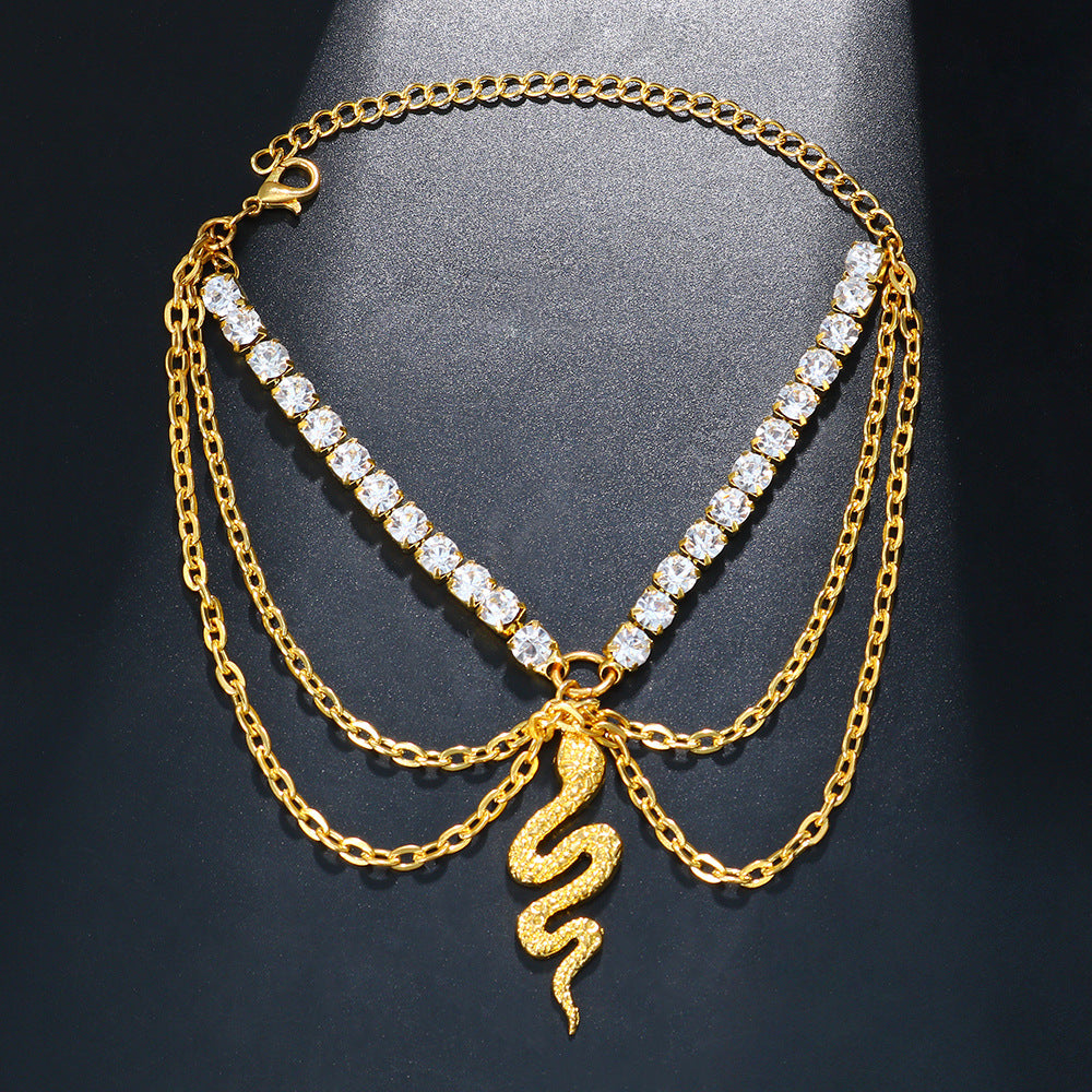 Gold Alloy Women's Anklet Featuring Snake Pattern With Artificial Gemstones, Perfect For Beach Wear