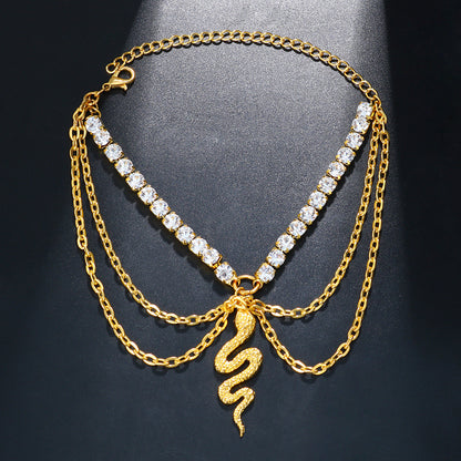 Gold Alloy Women's Anklet Featuring Snake Pattern With Artificial Gemstones, Perfect For Beach Wear