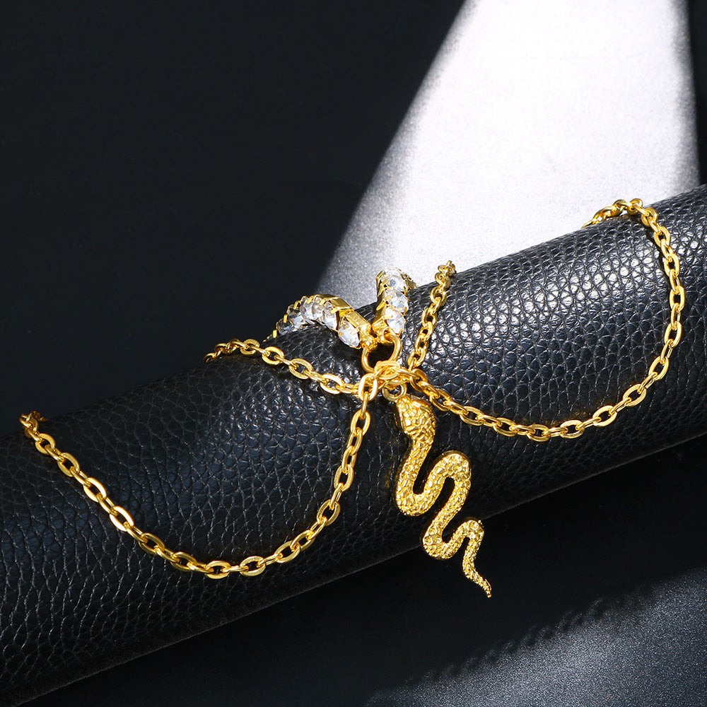 Gold Alloy Women's Anklet Featuring Snake Pattern With Artificial Gemstones, Perfect For Beach Wear