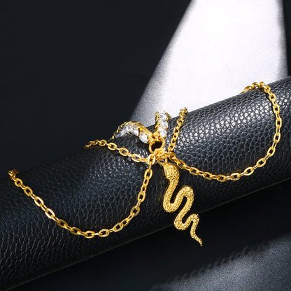 Gold Alloy Women's Anklet Featuring Snake Pattern With Artificial Gemstones, Perfect For Beach Wear