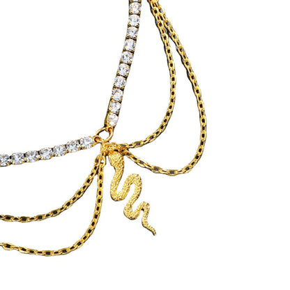 Gold Alloy Women's Anklet Featuring Snake Pattern With Artificial Gemstones, Perfect For Beach Wear