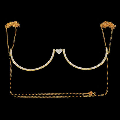 Simple Style Silver Alloy Body Chain For Women With White Crystal Inlay Featuring Heart Shape Design